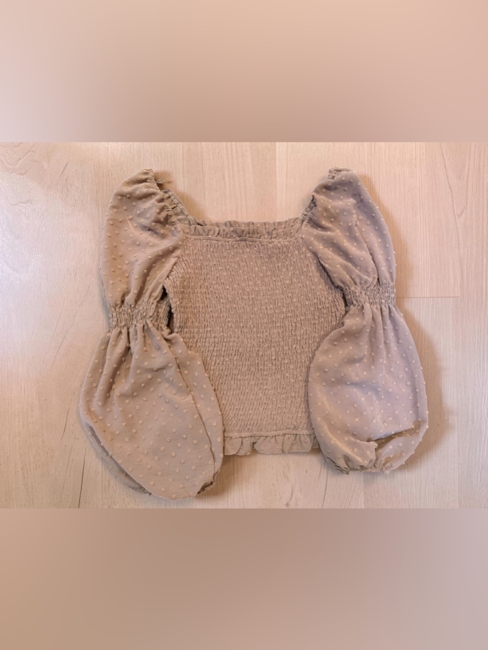 Promesa Beige Swiss Dot Puff Sleeve Smocked Top